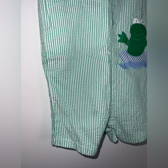 Vintage Green Striped Baby Romper with Frog Patch - Picture 2 of 9